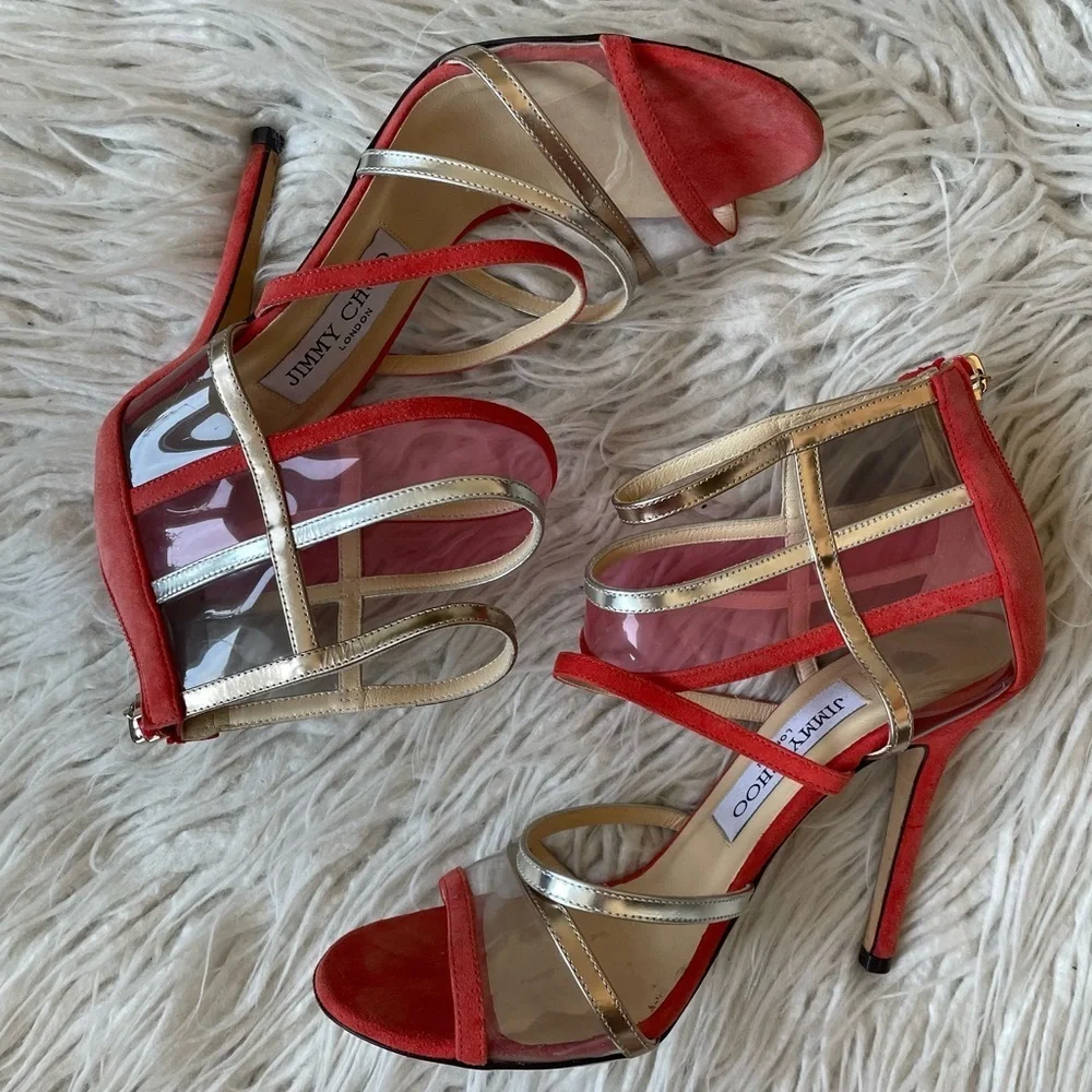 Jimmy Choo Red Multicolor Suede PVC Perspex Mai Tai Heeled Open Toe Sandals 36.5